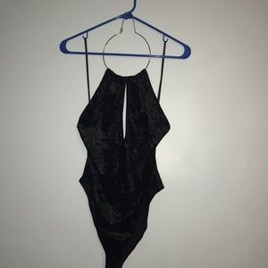 Black velvet open back bodysuit w/ keyhole front